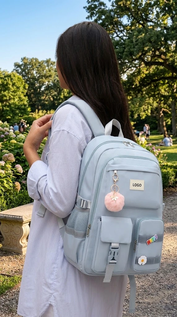 Light blue backpack with front pockets and a pink pom-pom charm worn by a woman, a pick from trendy backpacks for women
